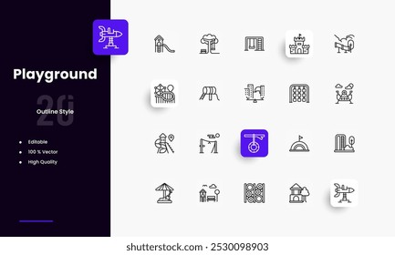 Playground lines icon set. Playground genres and attributes. Linear design. Lines with editable stroke. Isolated vector icons.