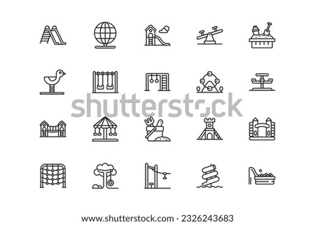 Playground lines icon set. Playground genres and attributes. Linear design. Lines with editable stroke. Isolated vector icons.