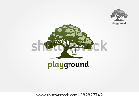 Playground Logo Template. Tree with a child play the swing under the tree, this logo symbolize a protection, peace,tranquility, growth, and care or concern to development, vector logo illustration