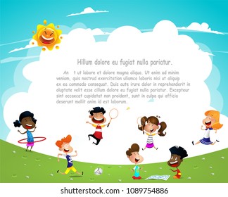 Playground. Multiracial children children having fun. Template for advertising brochure. Ready for your message. Vector cartoon illustration