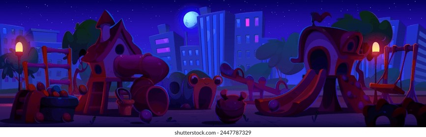 Playground in night city park. Vector cartoon illustration of dark town district with apartment buildings and lanterns, seesaw, swing and toys on ground, full moon glowing in starry midnight sky