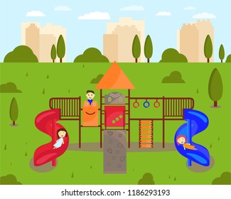 Playground outdoor with kids flat vector ilustration