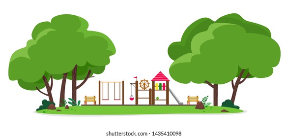 Playground in the park among the trees with benches. Vector illustration on white background.