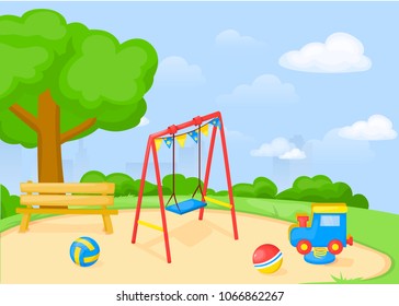 Playground park cartoon vector fun play kid kindergarten illustration child outdoor equipment. Childhood leisure summer playful recreation ground baby amusement.