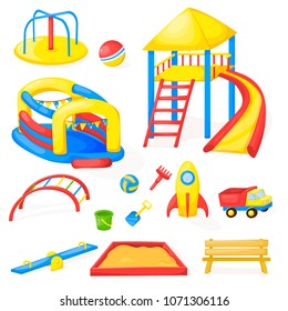 Playground park cartoon vector fun play kid kindergarten illustration child outdoor equipment. Childhood leisure summer playful recreation ground baby amusement. Playground kindergarten park.