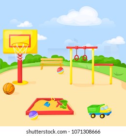 Playground park cartoon vector fun play kid kindergarten illustration child outdoor equipment. Childhood leisure summer playful recreation ground baby amusement.