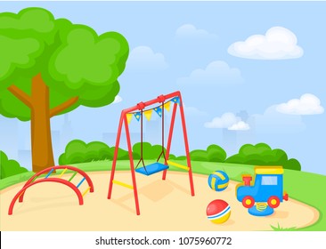 Playground park cartoon vector fun play kid kindergarten illustration child outdoor equipment. Childhood leisure summer playful recreation ground baby amusement.
