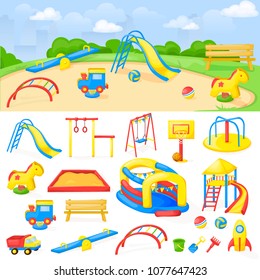 Playground park cartoon vector fun play kid kindergarten illustration child outdoor equipment. Childhood leisure summer playful recreation ground baby amusement.