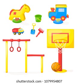 Playground park cartoon vector fun play kid kindergarten illustration child outdoor equipment. Childhood leisure summer playful recreation ground baby amusement.