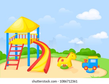 Playground park cartoon vector fun play kid kindergarten illustration child outdoor equipment. Childhood leisure summer playful recreation ground baby amusement.