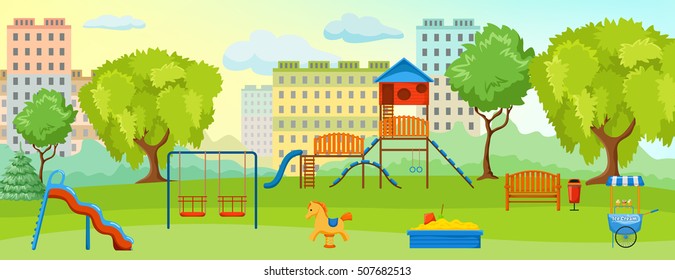 Playground at the park composition with empty playground with swings toys and green spaces vector illustration