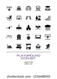 Playground, Park Icon Set with Glyph Style Concept Isolated on White Background. This Set Consist of 25 Icon Among seesaw, bumper car, waterslide etc. Vector Illustration