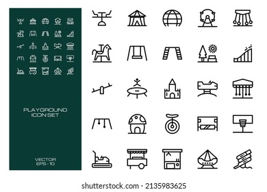 Playground, Park Icon Set with Line Concept Isolated on White Background. This Set Consist of 25 Icon Among seesaw, bumper car, water slider etc. Vector Illustration