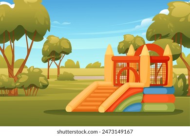 Parque infantil para niños con Ilustración vectorial inflable del castillo hinchable con el paisaje del parque de la ciudad