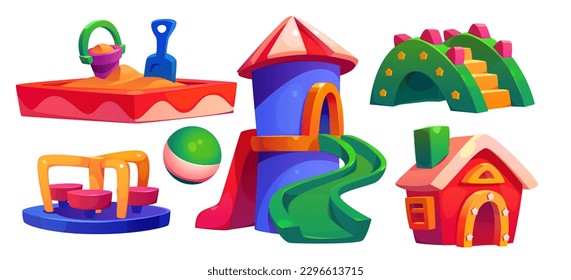 Playground park in kindergarten vector cartoon set. Child summer recreation for play on outside area with amusement equipment. Carousel, sandpit, ball and slide isolated activity on white background