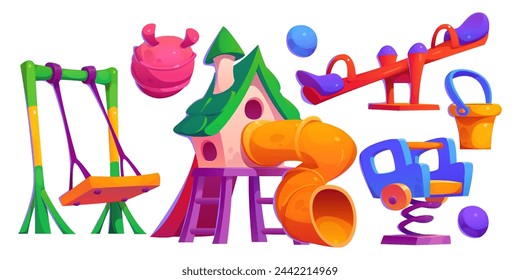 Playground park landscape set with slide and swing for kid. Kindergarten equipment icon isolated on white background. School playset template for children amusement with seesaw and rocking toy game