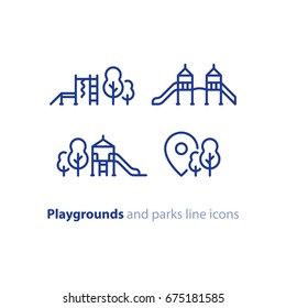 Playground and park location concept, outdoor activities for kids, vector line icon