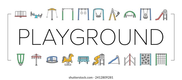 playground park outdoor play icons set vector. swing kindergarten, slide fun, equipment game, childhood summer, child leisure kid playground park outdoor play color line illustrations