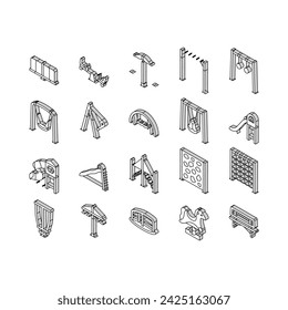 playground park outdoor play isometric icons set. swing kindergarten, slide fun, equipment game, childhood summer, child leisure kid playground park outdoor play color line