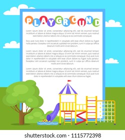 Playground in park poster with headline, text sample, ladders and constructions for children physical development, natural area vector illustration