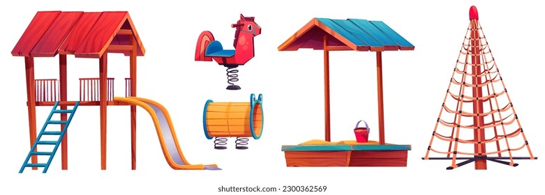 Playground park recreation cartoon vector set isolated on white background. Child slide, sport game and spring swing activity for outdoor leisure. Public kindergarten playtime activities and sandpit