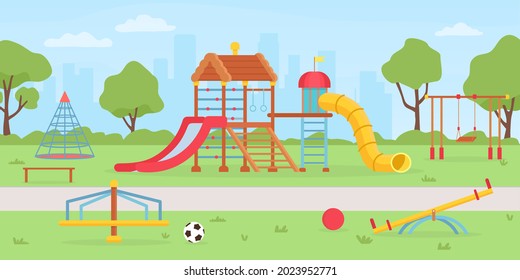 Playground at park. School or kindergarten background with sandbox, playhouse, swings and slides. Summer kids playground vector landscape. Illustration kindergarten park or playground school