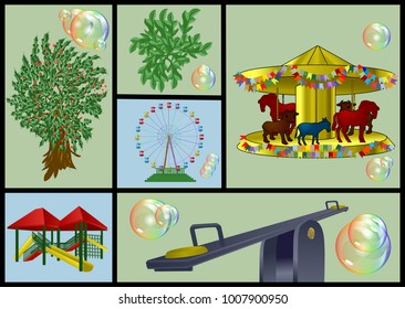 playground and park set wth play equipment and trees