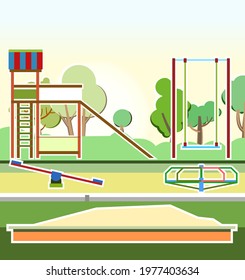 Playground in the park. Swings, slides and carousels. Flat cartoon style illustration. A place for children to play. Sandbox for kids. Outdoor landscape. Summer morning. Vector