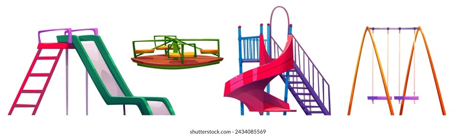 Playground park swings and slides collection. Cartoon vector illustration set of equipment for public city kids garden or kindergarten. Children entertainment and outdoor active leisure playset.