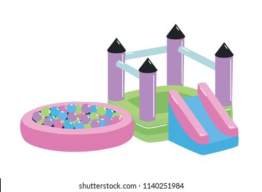 Playground or play area for children with playhouse, slide and ball pit isolated on white background. Outdoor equipment for kid's activity. Colorful vector illustration in flat cartoon style