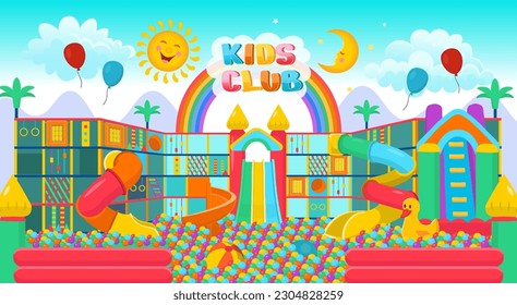Playground. Сhildren's playroom in the mall. Maze and slides with balls in children's playroom, entertainment center. Play indoor area 