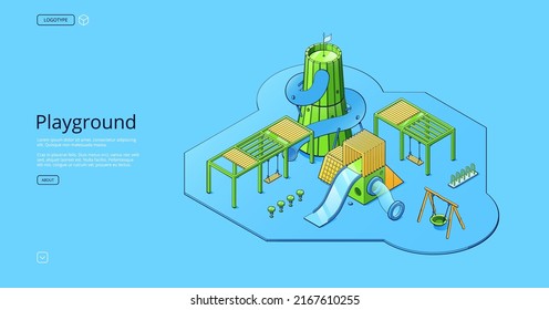 Playground poster with isometric kids amusement equipment for park, backyard, school or kindergarten. Vector banner of play ground for children with swings, slides and ladders