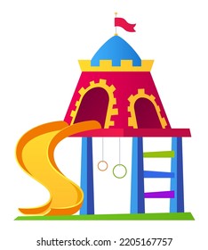 Playground for preschoolers - modern flat design style single isolated image. Neat detailed illustration of ladder, climbing frame, toy castle and childrens slide. Fun and happy childhood idea