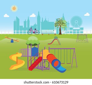 Playground in the Public park in the City, Vector Flat illustration.