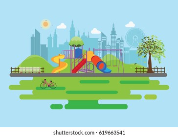 Playground in the Public park in the City, Vector Flat illustration.