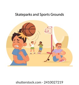 Playground safety lesson. Young girl grimacing in pain from basketball impact, while boy examines injury from riding skateboard in background. Sports safety for children. Flat vector illustration