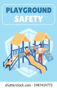 Playground safety poster flat vector template. Teacher with kids in masks. Brochure, booklet one page concept design with cartoon characters. Kindergarten healthcare flyer, leaflet with copy space