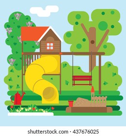 Playground with sandpit, slide and flowers.