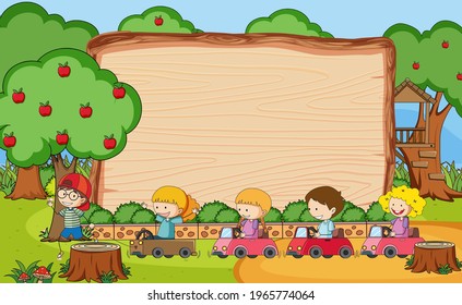 Playground scene with blank banner many kids doodle cartoon character illustration