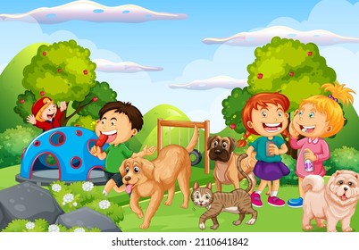 Playground scene with children and animals illustration