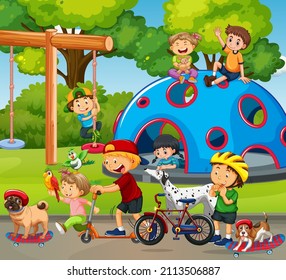 Playground scene with children and animals illustration