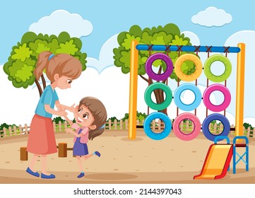 Playground scene with children cartoon illustration