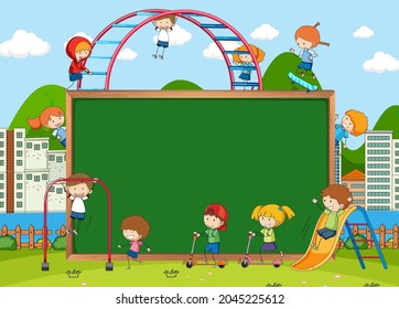 Playground scene with empty blackboard and many kids doodle cartoon character illustration