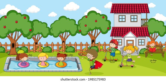 Playground scene with many kids doodle cartoon character illustration