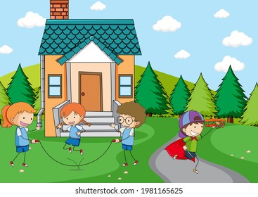 Playground scene with many kids illustration