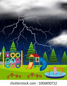 Playground scene on thunderstorm night illustration