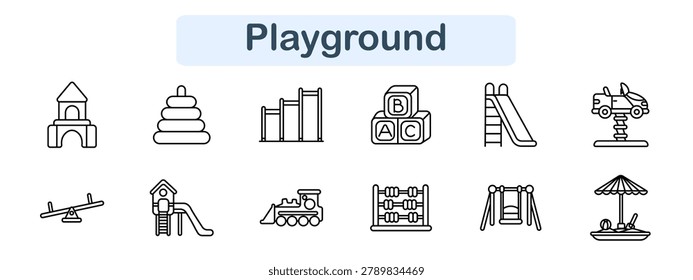 Playground set icon. Castle, pyramid, bars, blocks, slide, spring rider, seesaw, playhouse, train, abacus, swing, sandbox, recreation, childhood, park activity, outdoor fun.