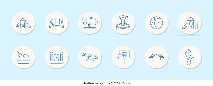 Ícone do jogo de playground. Ícones com contorno circular mostrando slide, swing, spring rider, trampolim, ball, gangorra, castelo, túnel, sandbox, basquete, pipa e estrutura de jogo