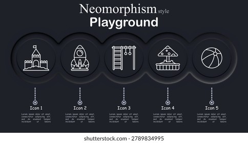Playground set icon. Neomorphic circular interface line icons with castle playground tower, toy rocket structure, climbing ladder bars, carousel ride umbrella roof, beach ball toy sphere