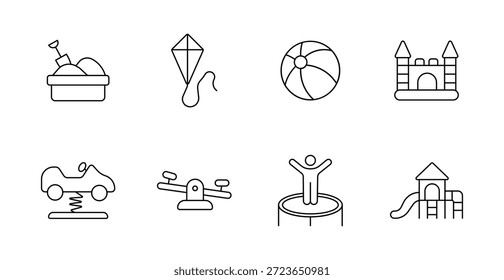 Ícone do jogo de playground. Sandbox, pipa, bola, trampolim, slide, gangorra, passeio de primavera, castelo, diversão, ao ar livre, infância, diversão, jogar, jogo